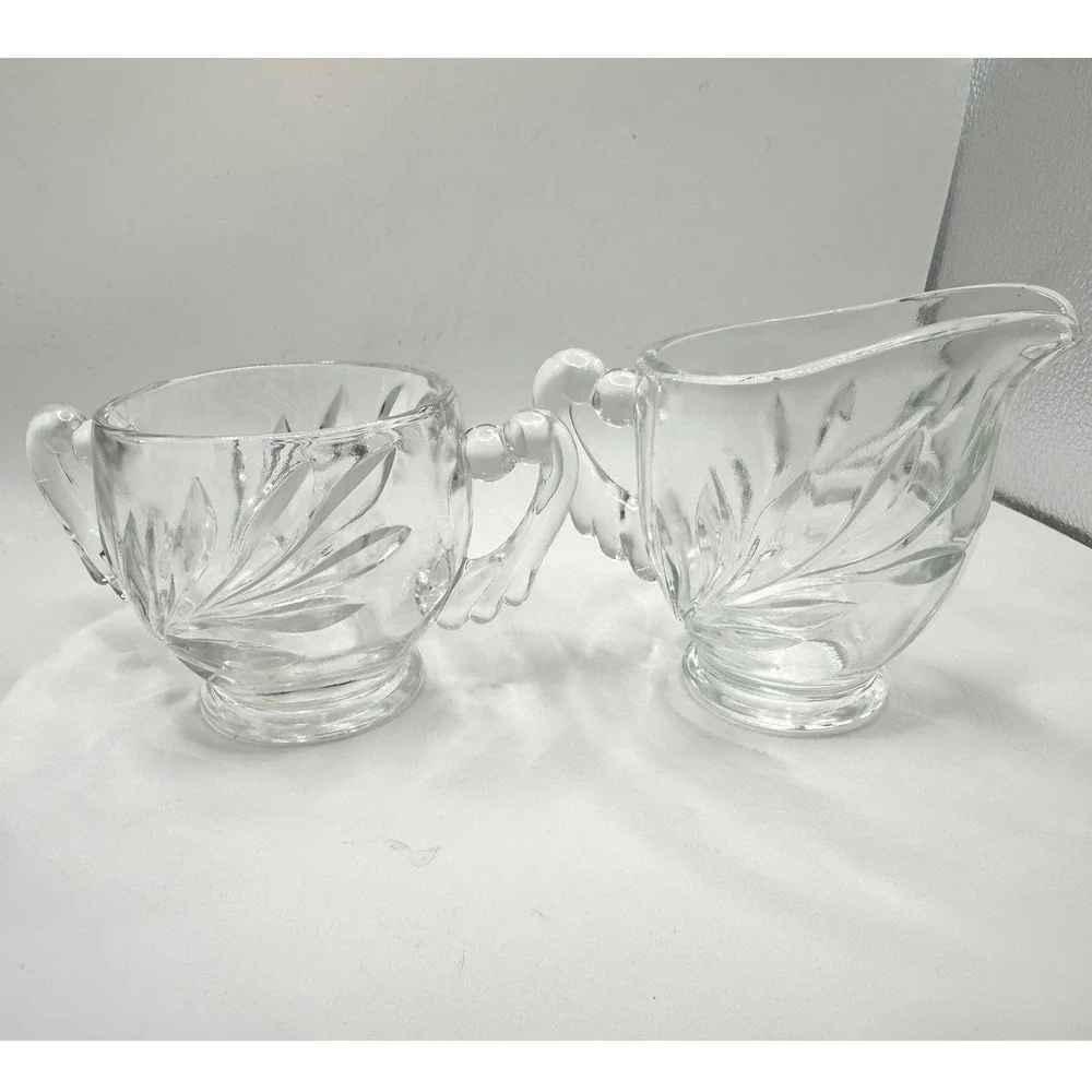 Clear Indiana Glass Willow Leaf Pattern Creamer‎ and Sugar Bowl 1950s Vintage
